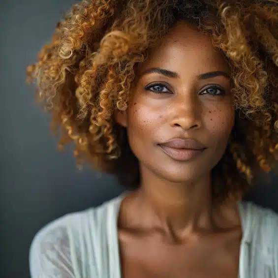 Belle femme afro avec une coloration Mahogan blond