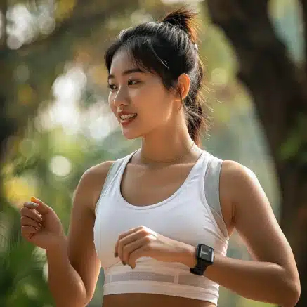 Belle femme asiatique sportive avec montre connectee