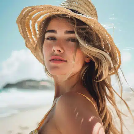 Belle femme blonde a chapeau a la plage en bonne forme physique