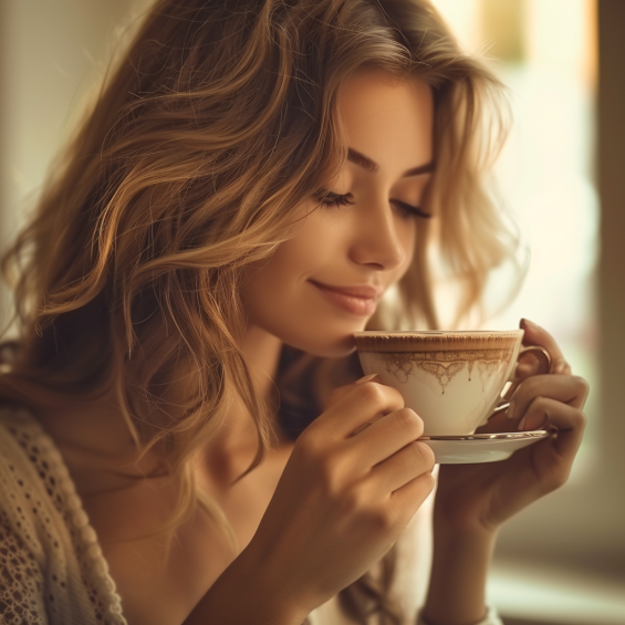 Belle femme blonde qui boit une delicieuse tasse de cafe cafetiere chez elle