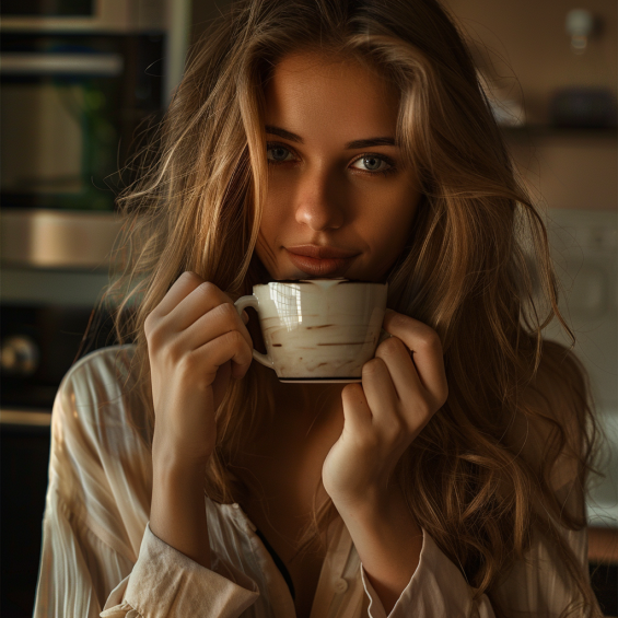 Belle femme blonde qui deguste un latte fait par cafetiere