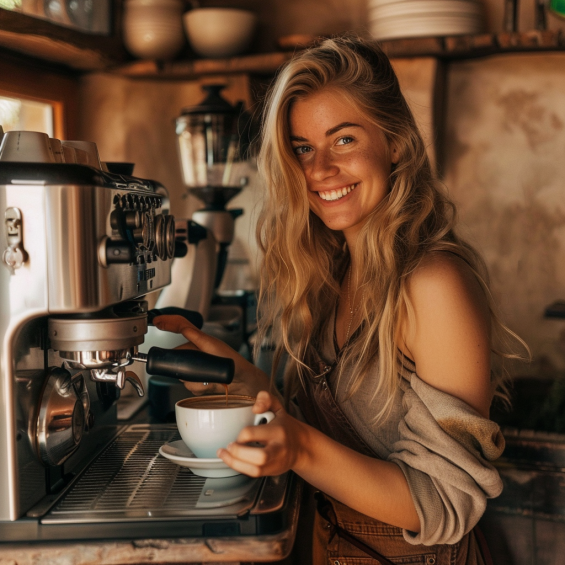 Belle femme blonde qui se prepare un delicieux cafe a la cafetiere