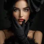 Belle femme elegante en noir avec des gants et un chapeau