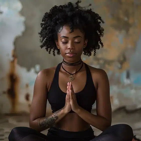 Belle femme noire coiffure afro tresses faisant du yoga pour summer body