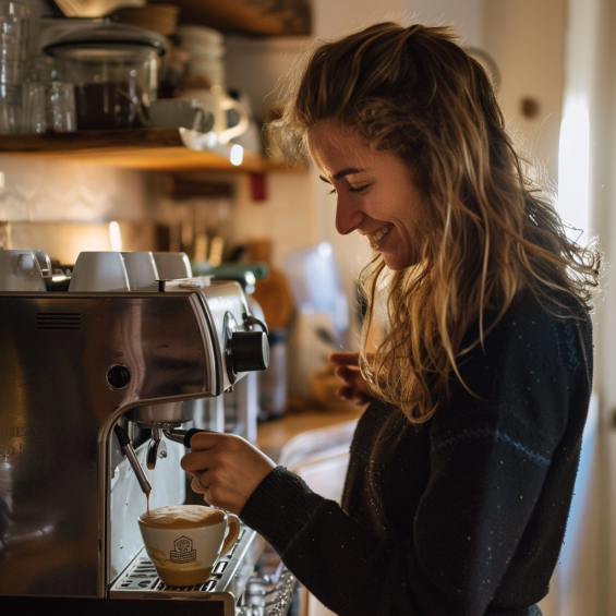Une belle femme qui se prepare un delicieux cafe a la machine a cafe