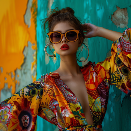 Une femme model fashion en couleurs flashy neon et lunettes de soleil