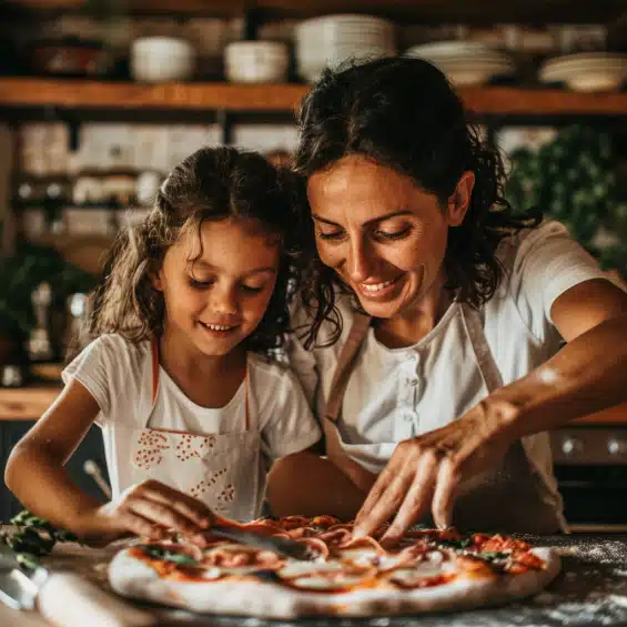 Une mere et sa fille cuisinent ensemble une pizza regina