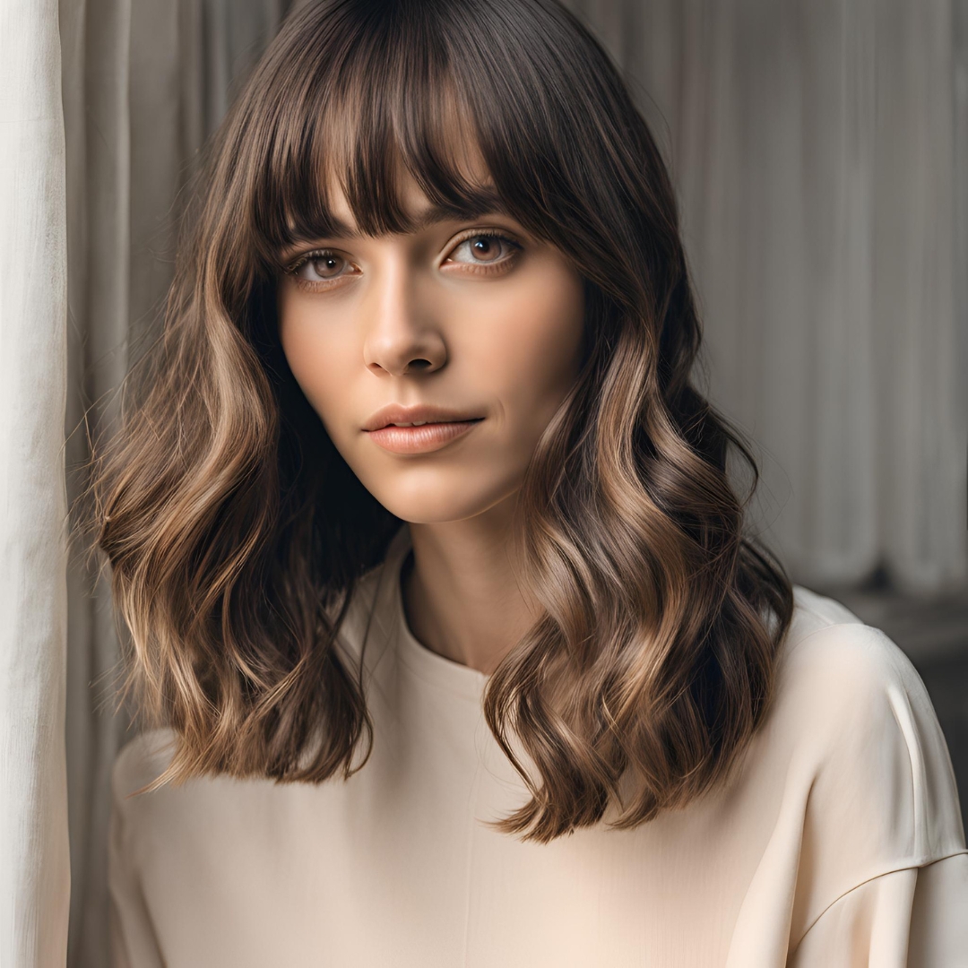 belle femme avec coupe de cheveux frange rideau