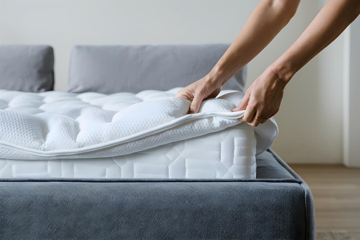 Des mains tatent un matelas et un sur matelas de tres grande qualite touche moelleux pour un bon sommeil