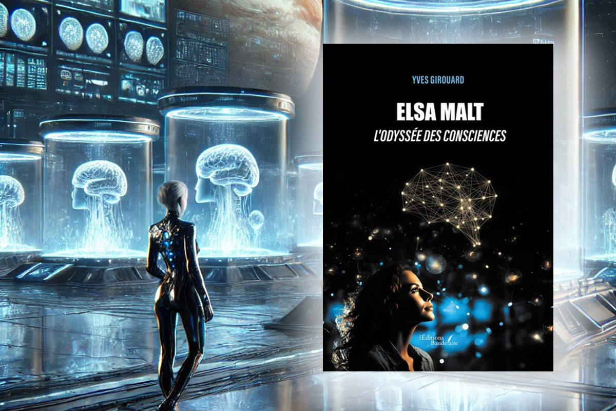 couverture de livre elsa malt avec arrière fond science fictiion future humanoide